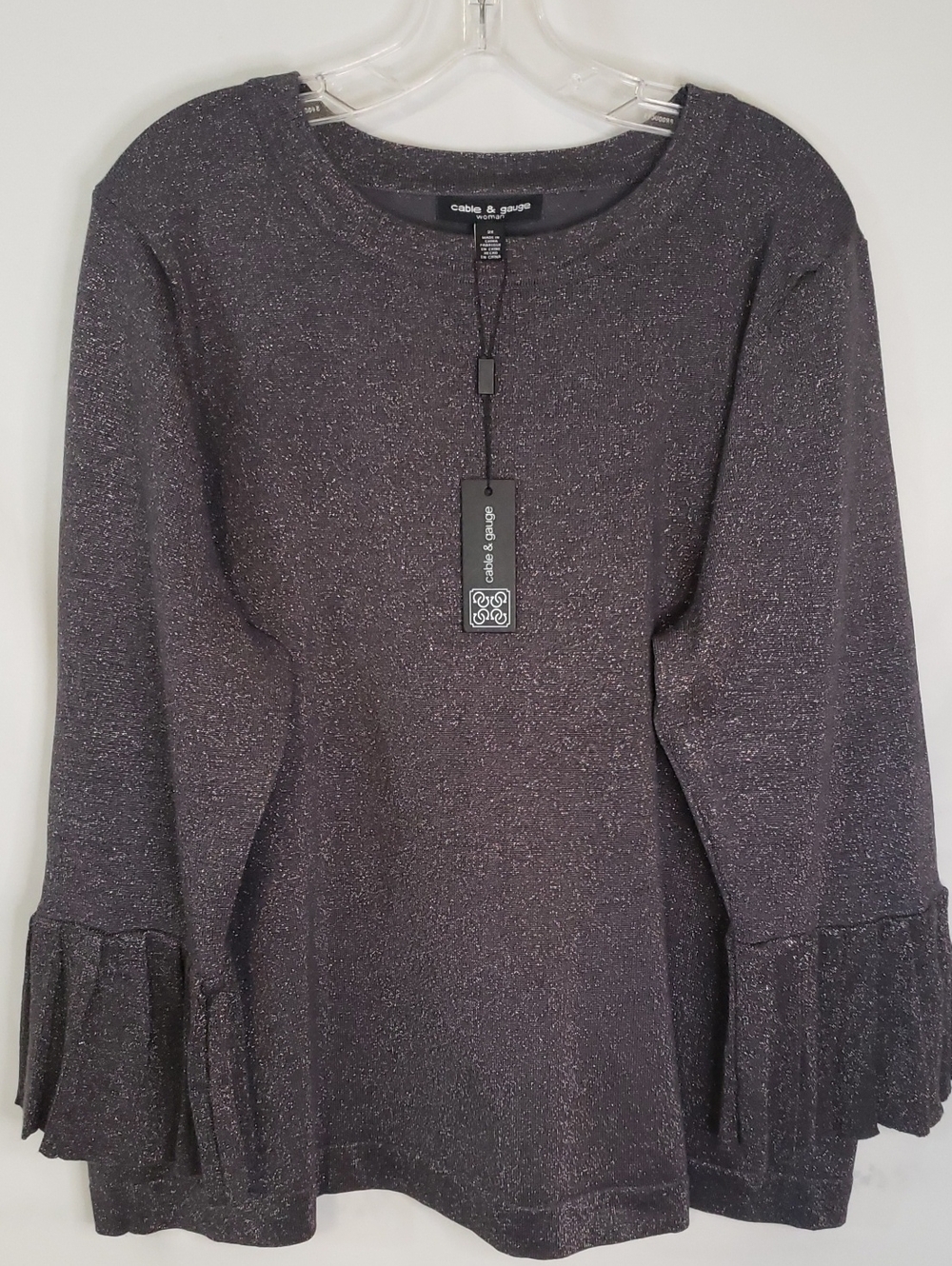 Cable & Gauge Woman Silver Sparkle Black Ruffle Sleeve Sweater, 2X
